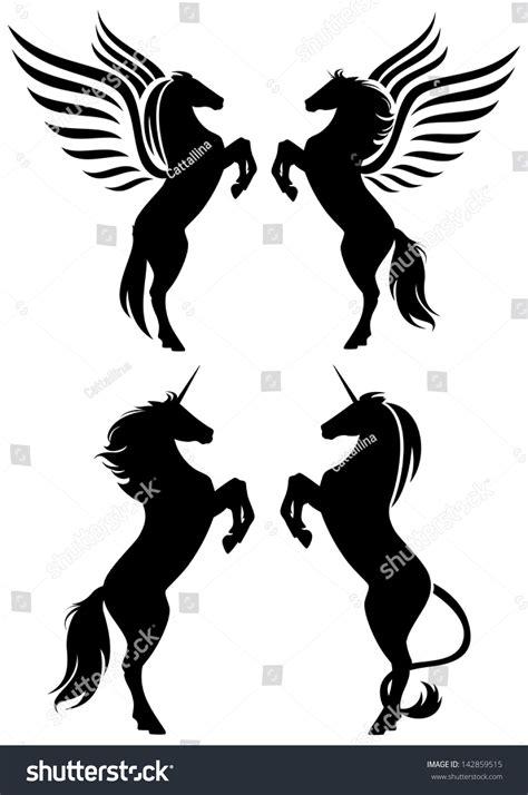 Raster Rearing Fantasy Horses Silhouettes Pegasus Stock Illustration