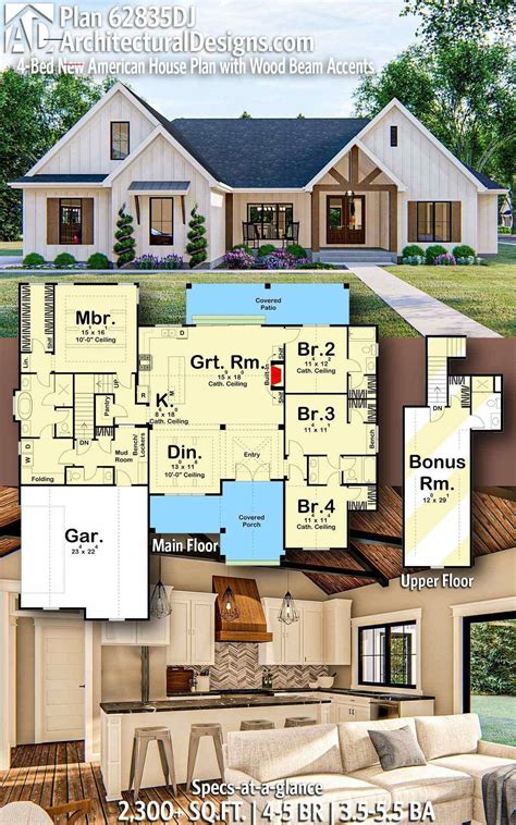 Plan 62835dj 4 Bed New American House Plan With Wood Beam Accents