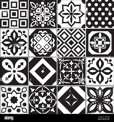 Vintage Black And White Traditional Ceramic Floor Tile Patterns Vector