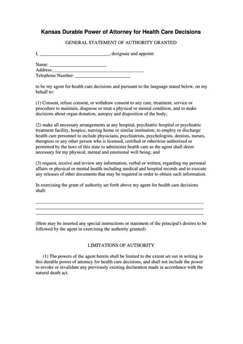 Fillable Kansas Durable Power Of Attorney Form For Health Care