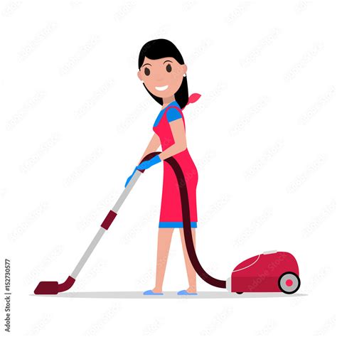 Vector Illustration Of A Cartoon Girl With A Vacuum Cleaner Isolated