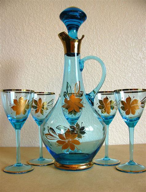 Mid Century Decanter Vintage Barware Blue Glassware Etsy Glass Decanter Set Blue Glassware