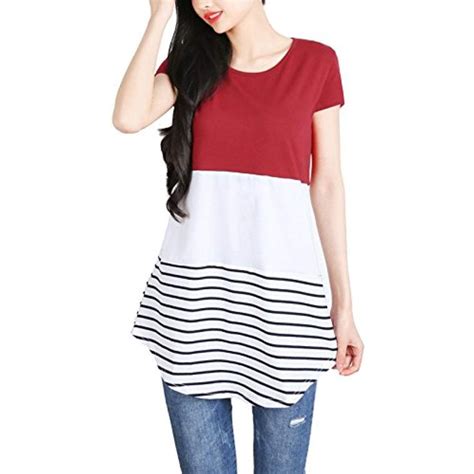 Womens Short Sleeve Round Neck Striped Color Block Casual Tunic Tops You Can Get Additional