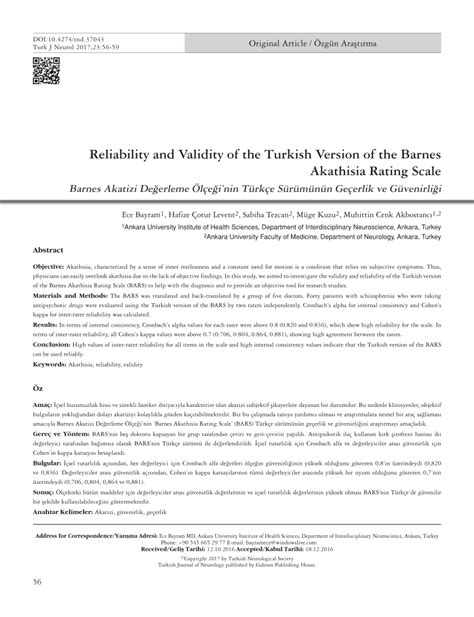Pdf Reliability And Validity Of The Turkish Version Of The Barnes