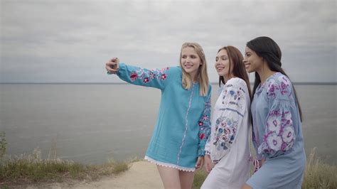 Three Girlfriends Wearing Long Summer Fashion Dress Making Selfies On