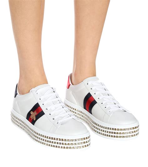 Gucci New Ace Crystal Bee Embroidered Leather Sneakers White Modesens
