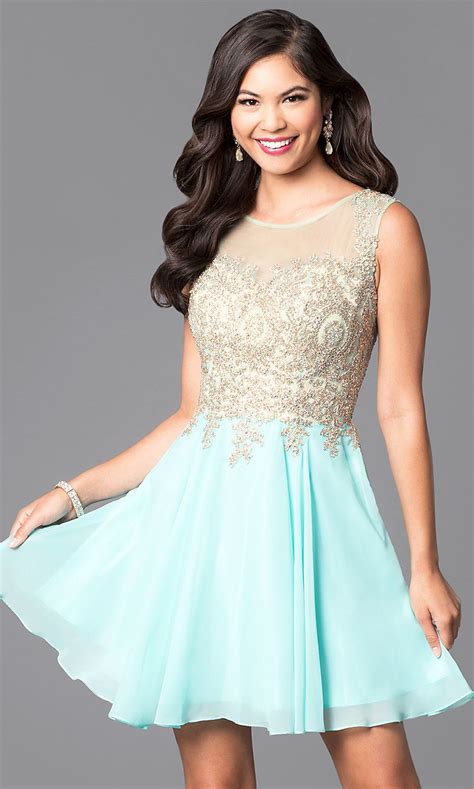 Short Prom Dress With Jewel Embellished Sheer Bodice Semi Formal Dresses For Teens Spring