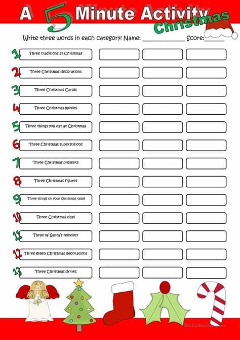 These christmas worksheets for kids include alphabet tracing, phonemic awareness, writing prompts, addition, multiplication, subtraction, division, what comes before / what comes next, letter matching. A 5 Minute Activity Christmas worksheet - Free ESL ...