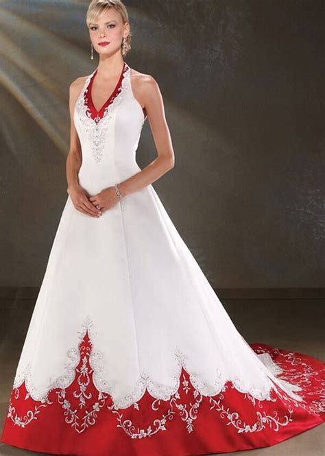 Romantic Backless Halter Satin A Line Cheap Red And White Wedding