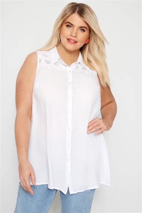 White Broderie Sleeveless Shirt Plus Size 16 To 36 Yours Clothing