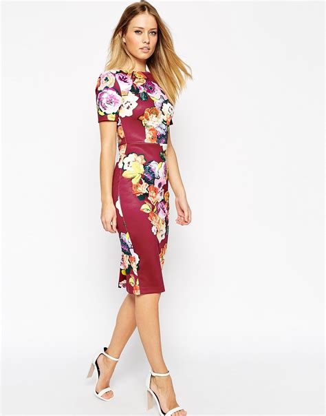 Lyst Asos Floral Print Scuba Bodycon Dress In Red