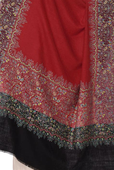Red Black Pure Kashmir Pashmina Sozni Hand Embroidered Shawl Designer