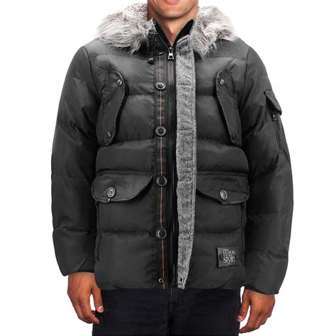 Mens Heavy Weight Warm Winter Coat Puffer Faux Fur Trim Sherpa Lined