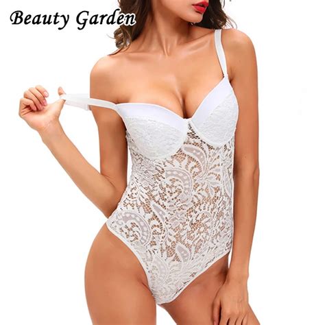 Beauty Garden Women Summer Solid Bodysuits Sexy Slim V Neck Hollow Out Sleeveless Lace Splicing