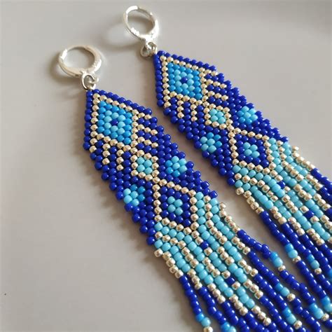 Blue Beaded Earrings Long Ornamental Seed Bead Earrings Etsy