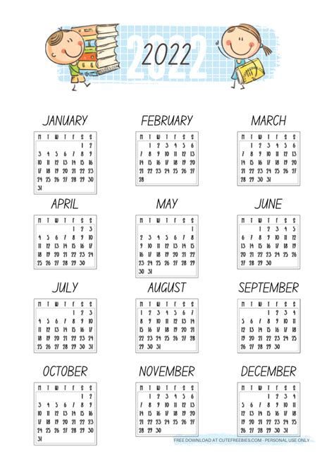 2022 Kids Calendar Printable Cute Freebies For You