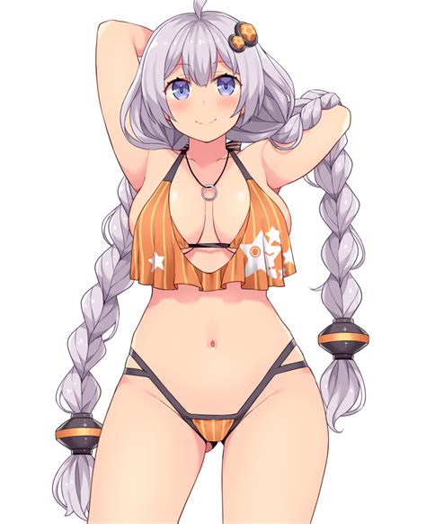 Amane Hasuhito Kizuna Akari Voiceroid Silver Hair 1girl Armpits Arms Behind Head Bikini