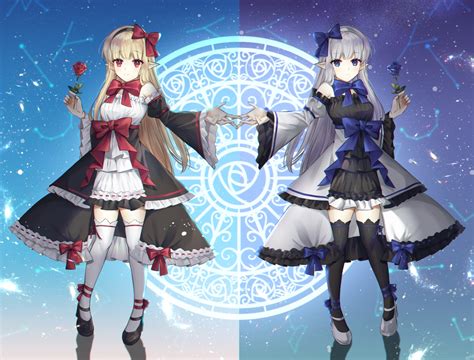 2girls Blonde Hair Blue Eyes Dress Dungeon And Fighter Flowers Gray