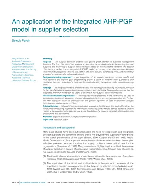 Pdf An Application Of The Integrated Ahp Pgp Model In Supplier Selection