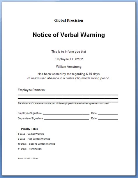 Employee Attendance Warning Letter Sample Calendar Template 2021