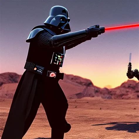 Darth Vader Wielding His Light Saber Against Robocop Stable Diffusion