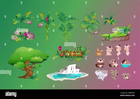 La Flora De La Selva Y La Fauna De Dibujos Animados Objetos Vectores