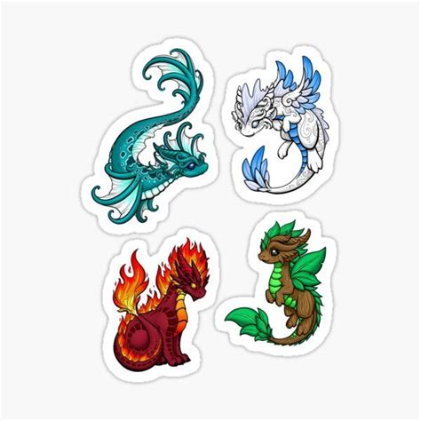 Four Stickers With Different Types Of Fire And Water Creatures On Them
