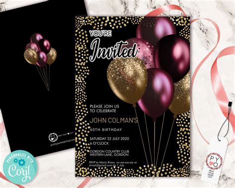 Burgundy Gold Glitter Birthday Balloons Invitation Printable Template