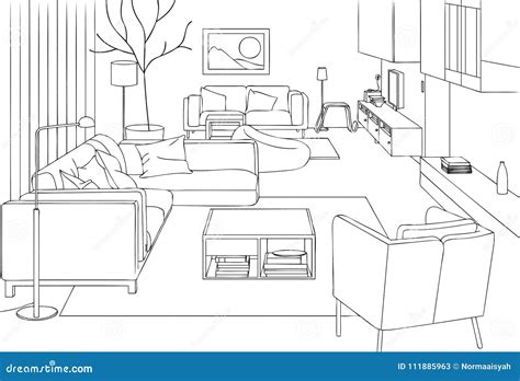 Modern Living Room Vector Line Art Illustration Stock Illustration