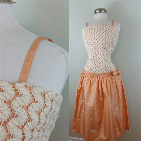 60s peach dress 20s style crochet spaghetti strap dro… gem
