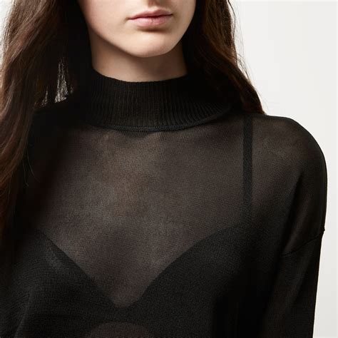 River Island Synthetic Black Sheer Knit Turtleneck Top Lyst