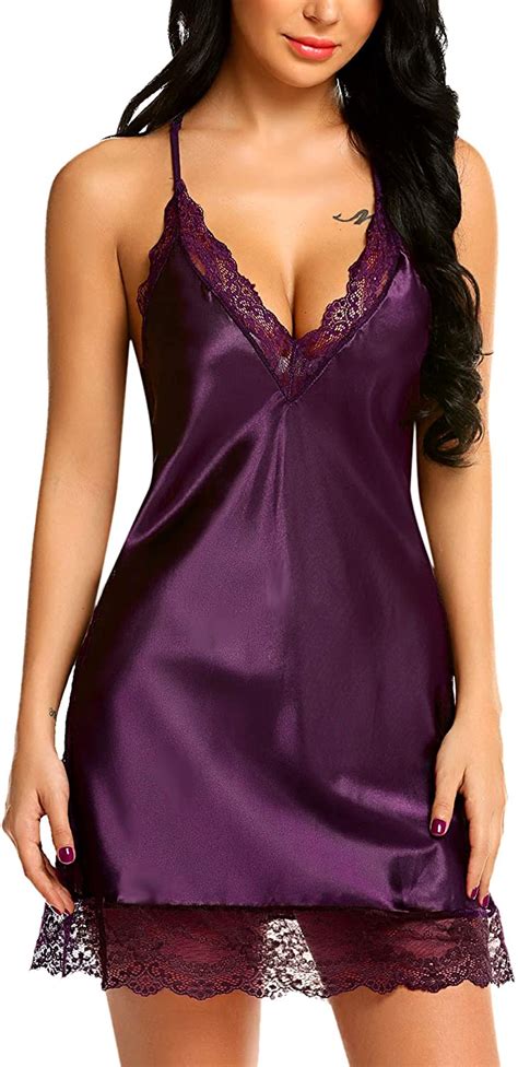 Avidlove Women Lingerie Satin Lace Chemise Nightgown Sexy Purple Size