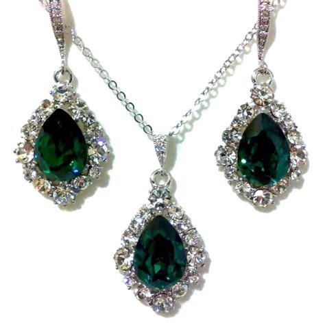 Emerald Green Bridal Jewelry Set Teardrop Wedding Earrings