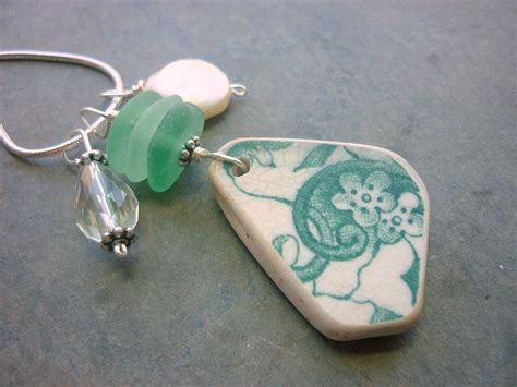 Sea Glass Necklace Teal Green Beach Pottery Shard Floral Etsy Sea Glass Necklace Beachglass