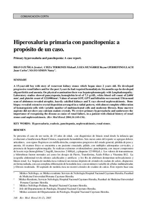 Pdf Hiperoxaluria Primaria Con Pancitopenia A Propósito De Un Caso