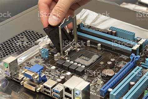 Installing Central Processor Unit Into Motherboard Stock Photo