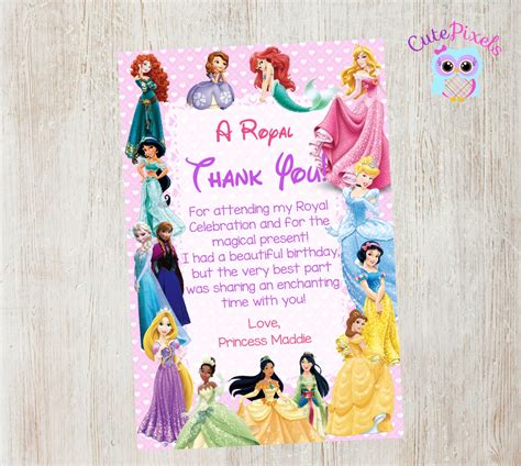 Disney Princess Thank You Card Princess Birthday By Cutepixels
