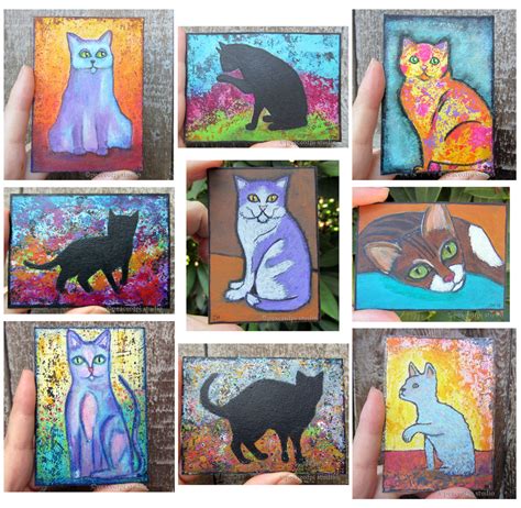 Peaceofpi Studio Fabulous Felines Miniature Cat Aceo Atc Paintings
