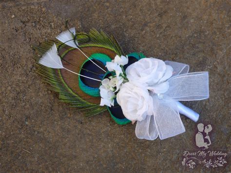dress my wedding peacock feather boutonniere corsage customize to match your wedding colors