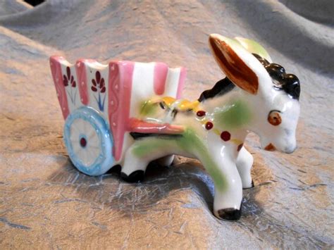 Vintage Donkey Planter Burro Pulling A Cart Pink Mid By Anyoldtime