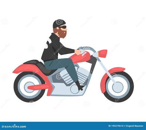 Bearded Man Riding Motorcycle Side View Of Male Biker Character