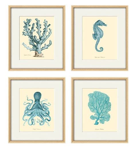 Blue Sea Coral Art Nautical Print Set Sea Art Print Vintage Ocean Life