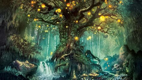 Magic Forest Tree Lights Creative Design Wallpaper