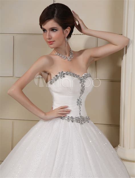 White Sweetheart Rhinestone Tulle Bridal Wedding Dress