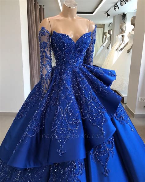 Gorgeous Royal Blue Lace Ruffled Prom Dress Strapless Sweetheart