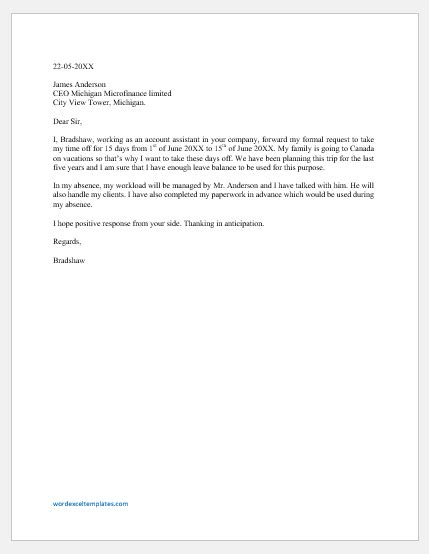 Time Off Request Letter Template