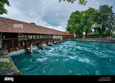 Panorama Of Thun With Old Wooden Bridge Over Aare River Thun Town Is