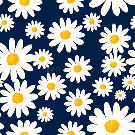 Daisy Seamless Pattern On Dark Blue Background Floral Ditsy Print With