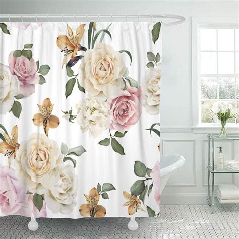 Pknmt White Flower Floral Pattern With Roses Watercolor Pink Vintage Botanical Bouquet Bathroom