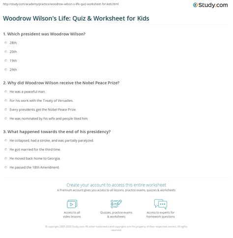 Woodrow Wilsons Life Quiz And Worksheet For Kids